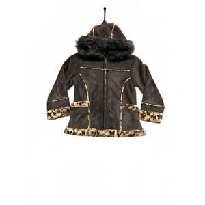 Big Chill Faux Suede and Faux Fur Hooded Coat with Leopard Print Trim Girls Sz L